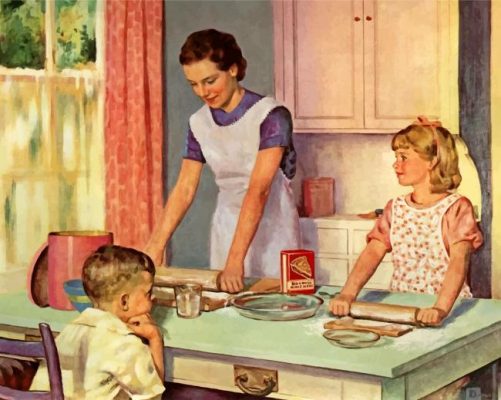 Mother And Kids In Kitchen paint by numbers