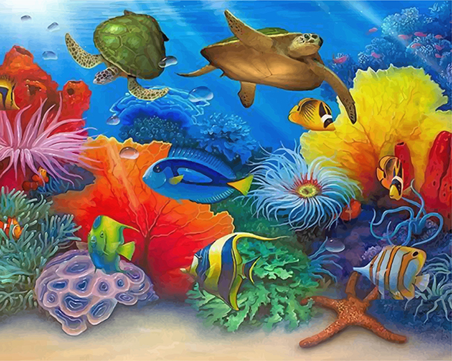Turtles And Fishes In Sea - Paint By Number - Painting By Numbers Kits