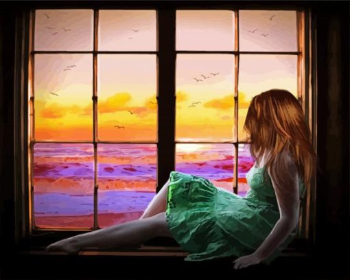 Girl Sitting On Window Sunset Art Paint By Number