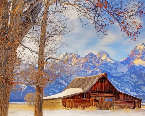 Barn Teton Mountains In Winter Paint By Number