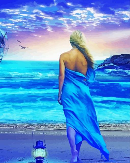 Blonde Girl On Beach In Blue Dress Paint By Number