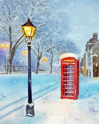 Red Phone Box In Snow Paint By Number