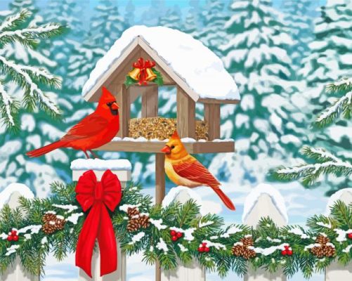 Snow Christmas Cardinals Birds House Paint By Number