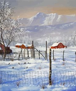 Snow Winter Mountains Farm Scene Paint By Number