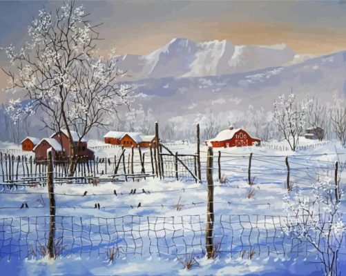 Snow Winter Mountains Farm Scene Paint By Number