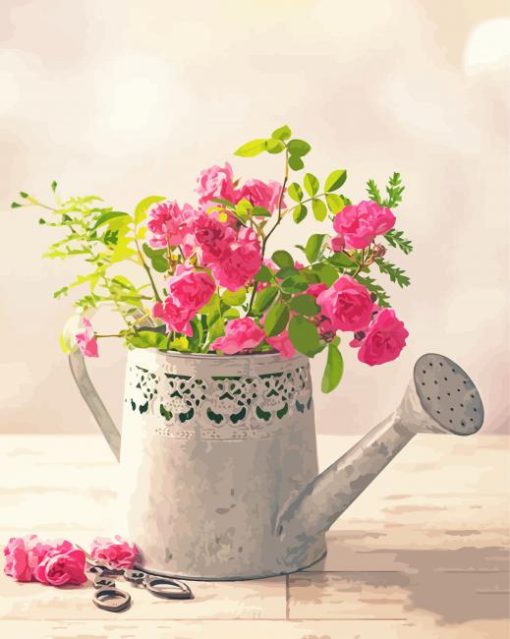 Watering Can With Pink Flowers Paint By Number
