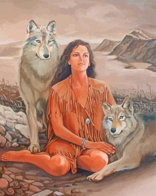 Young Indian Woman And Wolf Paint By Number