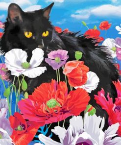 Adorable Black Cats And Flowers Art Paint By Number