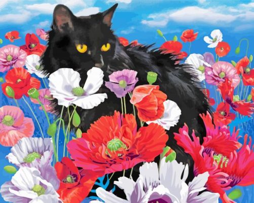 Adorable Black Cats And Flowers Art Paint By Number