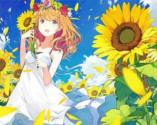 Anime Girl In Summer Sunflower Field Paint By Number