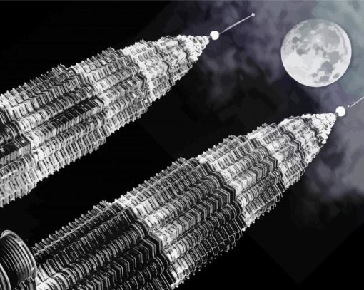 Black And White Twin Tower And Full Moon Paint By Number