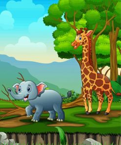 Cartoon Giraffe And Elephant Playing In The Jungle Paint By Number