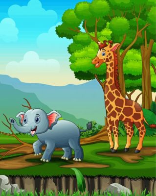 Cartoon Giraffe And Elephant Playing In The Jungle Paint By Number