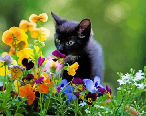 Cute Black Cat And Flowers Paint By Number