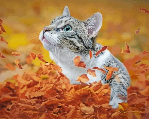 Cute Cat And Leaves Paint By Number