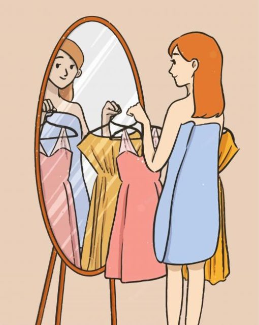 Girl Pick Dress In Front Of Mirror Paint By Number