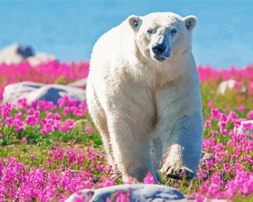 Polar Bear In Flowers Field Paint By Number