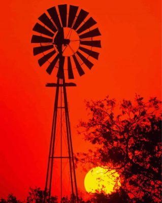 Silhouette Windpump At Sunset Paint By Number