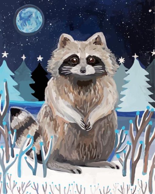 Snow Raccoon At Night Art Paint By Number