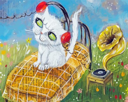 White Cat With Headphones Art Paint By Number
