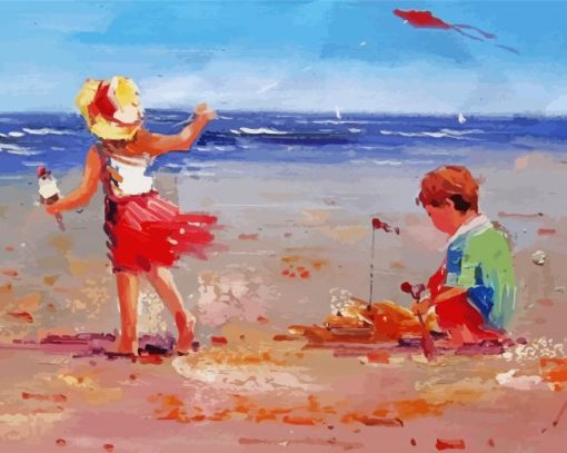 Abstract Children Playing By The Sea Paint By Number