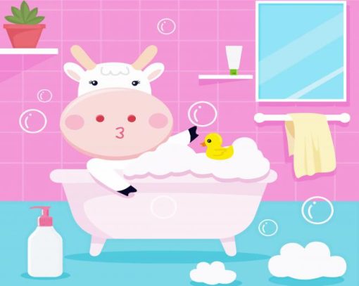 Adorable Cow In Bath Tub Paint By Number