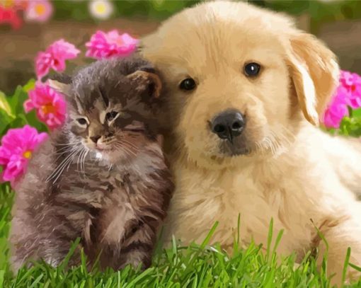 Adorable Tabby Kitten And Golden Spaniel Puppy Paint By Number