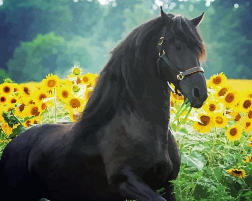 Black Horse With Sunflowers Paint By Number